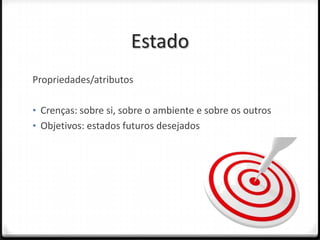 Estado
Propriedades/atributos

• Crenças: sobre si, sobre o ambiente e sobre os outros
• Objetivos: estados futuros desejados
 