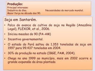 Produção:Principal interesse:Industria do óleo.		Necessidades do mercado mundial.Maior força na década dos 90.Soja em Santarém.Palco do avance do cultivo de soja na Região (Amazônia Legal), FLEXOR, et al., 2006.Iniciou meados do 90 (PA-AM)Incentivo governamental.O estado do Pará saltou de 1.353 toneladas de soja em 1997 para 99.437 toneladas em 2004.  30% da produção no estado (IBGE, PAM, 2004).Chega no ano 1999 ao município, mais em 2002 ocorre a grande expansão da área plantada