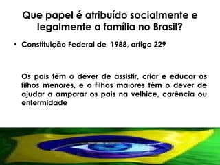 Que papel é atribuído socialmente e legalmente a família no Brasil? Constituição Federal de  1988, artigo 229  Os pais têm o dever de assistir, criar e educar os filhos menores, e o filhos maiores têm o dever de ajudar a amparar os pais na velhice, carência ou enfermidade 