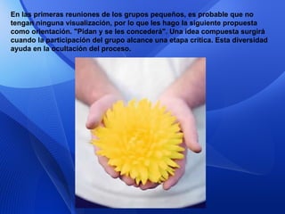 En las primeras reuniones de los grupos pequeños, es probable que no tengan ninguna visualización, por lo que les hago la siguiente propuesta como orientación. "Pidan y se les concederá". Una idea compuesta surgirá cuando la participación del grupo alcance una etapa crítica. Esta diversidad ayuda en la ocultación del proceso. 