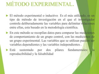MÉTODO EXPERIMENTAL.
 El método experimental o inductivo Es el más utilizado, es un
tipo de método de investigación en el que el investigador
controla deliberadamente las variables para delimitar relaciones
entre ellas, esta basado en la metodología científica.
 En este método se recopilan datos para comparar las mediciones
de comportamiento de un grupo control, con las mediciones de
un grupo experimental. Las variables que se utilizan pueden ser
variables dependientes y las variables independientes .
 Está sustentado por dos pilares fundamentales: la
reproducibilidad y la falsabilidad
 