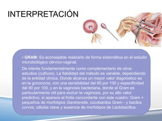 INTERPRETACIÓN




  • GRAM: Es aconsejable realizarlo de forma sistemática en el estudio
   microbiológico cérvico-vaginal.
  De interés fundamentalmente como complementario de otros
   estudios (cultivos). La fiabilidad del método es variable, dependiendo
   de la entidad clínica. Donde alcanza un mayor valor diagnóstico es
   en la gonococia, con una sensibilidad del 60 por 100 y especificidad
   del 90 por 100, y en la vaginosis bacteriana, donde el Gram es
   particularmente útil para excluir la vaginosis, por su alto valor
   predictivo, si aparece el frotis concordante con este cuadro: Gram +
   pequeños de morfotipos Gardnerella, cocobacilos Gram - y bacilos
   curvos, células clave y ausencia de morfotipos de Lactobacillus.
 