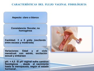 CARACTERÍSTICAS DEL FLUJO VAGINAL FISIOLÓGICO:



      Aspecto: claro o blanco



     Consistencia: flocular, no
           homogénea



Cantidad: 3 a 5 g/día (oscilando
entre escasa y moderada)


Variaciones: Edad y         el ciclo
menstrual. con estrés,     excitación
sexual y embarazo

pH: < 4,5 El pH vaginal sufre cambios
fisiológicos , desde el nacimiento
hasta la menopausia, según el estado
hormonal .
 