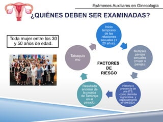 Exámenes Auxiliares en Ginecología

          ¿QUIÉNES DEBEN SER EXAMINADAS?
                                                 Inicio
                                               temprano
                                                 de las
                                              relaciones
Toda mujer entre los 30                      sexuales (<
  y 50 años de edad.                           20 años).

                                                                      Múltiples
                          Tabaquis                                     parejas
                                                                      sexuales
                            mo                                        (mujer o
                                         FACTORES                      pareja).
                                            DE
                                          RIESGO


                                Resultado                     Historia o
                               anormal de                   presencia de
                                la prueba                     una ITS,
                                                           como clamidia
                               de Tamizaje                  o gonorrea, y
                                   en el                   especialmente
                                 pasado.                    el VIH/SIDA.
 