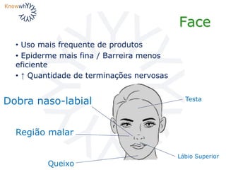 Face
• Uso mais frequente de produtos
• Epiderme mais fina / Barreira menos
eficiente
• ↑ Quantidade de terminações nervosas
Dobra naso-labial
Região malar
Queixo
Lábio Superior
Testa
 