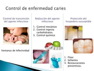 Control de transmisión     Reducción del agente       Protección del
  del agente infeccioso          infeccioso         hospedero susceptible

                           1. Control mecánico
                           2. Control ingesta
                              carbohidratos.
                           3. Control químico




Ventanas de Infectividad

                                                   1. Flúor
                                                   2. Sellantes
                                                   3. Restauraciones
                                                      preventivas.
 