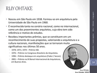 RUY OHTAKE




                                                                                     Idéia ▪ Método ▪ Linguagem
• Nasceu em São Paulo em 1938. Formou-se em arquitetura pela
  Universidade de São Paulo em 1960.
• É reconhecido tanto no cenário nacional, como no internacional,
  como um dos proeminentes arquitetos, cuja obra tem sido
  referência e motivo de estudos.




                                                                                     Angela Favaretto ▪ Louise Logsdon
• Recebeu importantes prêmios, que se constituem em um
  reconhecimento de suas propostas, valorizando a arquitetura e a
  cultura nacionais, manifestações que se tornaram muito
  significativas nos últimos 50 anos.
  •   1970; 1971; 1974 – Prêmio IAB.
  •   1976 – Prêmio no Congresso Brasileiro de Arquitetos.
  •   1996 – Prêmio destaque em arquitetura (Fiabci / Secovi).
  •   2001 – Prêmio na IX Bienal Internacional de Arquitetura,
      em Buenos Aires.                                                               14


                                                                      Ruy Ohtake.
                                                                 Ruy Ohtake, 2010.
 