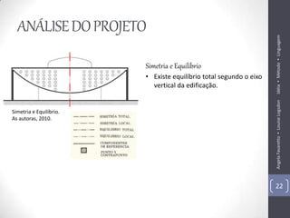 ANÁLISE DO PROJETO




                                                                    Idéia ▪ Método ▪ Linguagem
                         Simetria e Equilíbrio
                         • Existe equilíbrio total segundo o eixo
                           vertical da edificação.




                                                                    Angela Favaretto ▪ Louise Logsdon
Simetria e Equilíbrio.
As autoras, 2010.




                                                                    22
 