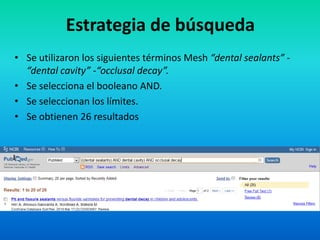 Estrategia de búsqueda
• Se utilizaron los siguientes términos Mesh “dental sealants” -
  “dental cavity” -“occlusal decay”.
• Se selecciona el booleano AND.
• Se seleccionan los límites.
• Se obtienen 26 resultados
 
