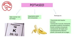 POTASIO
Valor normal: 3,6 -
4,9 mEq/L
Importante catión
(K+) intracelular
Participa en:
-Transmisión del impulso
nervioso
-Contracción muscular, Activación
enzimática (cofactor enzimático),
Presión osmótica intracelular
-Composición del tejido óseo
-Comportamiento eléctrico
celular y formación de la sangre
 