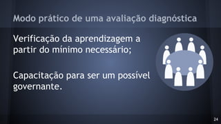 Modo prático de uma avaliação diagnóstica
Verificação da aprendizagem a
partir do mínimo necessário;
Capacitação para ser um possível
governante.
24
 