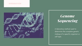 A laboratory method used to
determine the complete genetic
makeup of a specific organism or
cell type.
Genome
Sequencing
INTRODUCTION
 