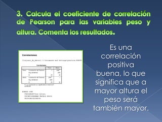 Es una
   correlación
     positiva
 buena, lo que
 significa que a
 mayor altura el
    peso será
también mayor.
 