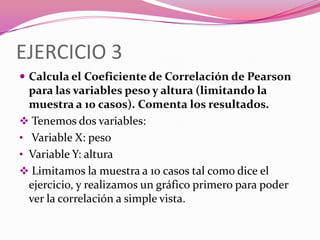 EJERCICIO 3
 Calcula el Coeficiente de Correlación de Pearson
para las variables peso y altura (limitando la
muestra a 10 casos). Comenta los resultados.
 Tenemos dos variables:
• Variable X: peso
• Variable Y: altura
 Limitamos la muestra a 10 casos tal como dice el
ejercicio, y realizamos un gráfico primero para poder
ver la correlación a simple vista.
 