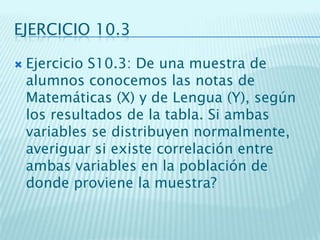 EJERCICIO 10.3
 Ejercicio S10.3: De una muestra de
alumnos conocemos las notas de
Matemáticas (X) y de Lengua (Y), según
los resultados de la tabla. Si ambas
variables se distribuyen normalmente,
averiguar si existe correlación entre
ambas variables en la población de
donde proviene la muestra?
 