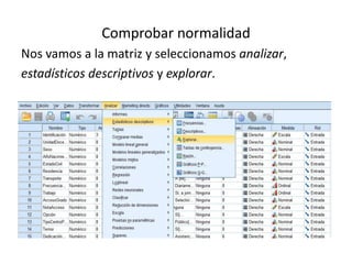 Comprobar normalidad
Nos vamos a la matriz y seleccionamos analizar,
estadísticos descriptivos y explorar.
 