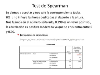 Test de Spearman
Le damos a aceptar y nos sale la correspondiente tabla.
Hₒ : no influye las horas dedicadas al deporte a la altura.
Nos fijamos en el número señalado, 0,298 es un valor positivo ,
la correlación es positiva moderada ya que se encuentra entre 0
y 0,90.
 