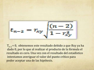 Tn-2 = 0, obtenemos este resultado debido a que Rxy ya ha
dado 0, por lo que al realizar el producto de la fórmula el
resultado es cero. Una vez con el resultado del estadístico
intentamos averiguar el valor del punto crítico para
poder aceptar una de las hipótesis.
 