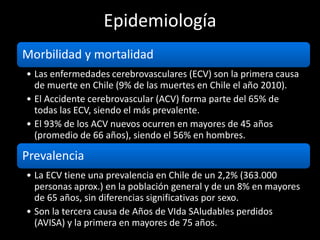 Epidemiología
Morbilidad y mortalidad
• Las enfermedades cerebrovasculares (ECV) son la primera causa
de muerte en Chile (9% de las muertes en Chile el año 2010).
• El Accidente cerebrovascular (ACV) forma parte del 65% de
todas las ECV, siendo el más prevalente.
• El 93% de los ACV nuevos ocurren en mayores de 45 años
(promedio de 66 años), siendo el 56% en hombres.
Prevalencia
• La ECV tiene una prevalencia en Chile de un 2,2% (363.000
personas aprox.) en la población general y de un 8% en mayores
de 65 años, sin diferencias significativas por sexo.
• Son la tercera causa de Años de VIda SAludables perdidos
(AVISA) y la primera en mayores de 75 años.
 