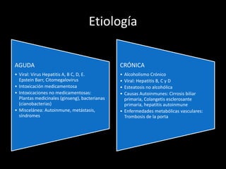 Etiología
AGUDA
• Viral: Virus Hepatitis A, B C, D, E.
Epstein Barr, Citomegalovirus
• Intoxicación medicamentosa
• Intoxicaciones no medicamentosas:
Plantas medicinales (ginseng), bacterianas
(cianobacterias)
• Miscelánea: Autoinmune, metástasis,
síndromes
CRÓNICA
• Alcoholismo Crónico
• Viral: Hepatitis B, C y D
• Esteatosis no alcohólica
• Causas Autoinmunes: Cirrosis biliar
primaria, Colangetis esclerosante
primaria, hepatitis autoinmune
• Enfermedades metabólicas vasculares:
Trombosis de la porta
 
