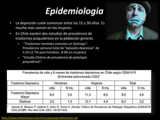 Epidemiologia
• La depresión suele comenzar entre los 15 y 30 años. Es
mucho más común en las mujeres.
• En Chile existen dos estudios de prevalencia de
trastornos psiquiátricos en la población general.
– “Trastornos mentales comunes en Santiago”:
Prevalencia semanal total de “episodio depresivo” de
5.5% (2.7% para hombres. 8.0% en mujeres)
– “Estudio Chileno de prevalencia de patología
psiquiátrica”:
http://www.redsalud.gov.cl/archivos/guiasges/depresion.pd
 