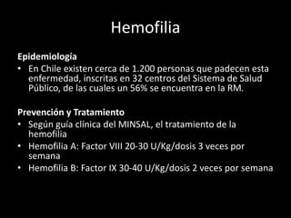 Hemofilia
Epidemiología
• En Chile existen cerca de 1.200 personas que padecen esta
enfermedad, inscritas en 32 centros del Sistema de Salud
Público, de las cuales un 56% se encuentra en la RM.
Prevención y Tratamiento
• Según guía clínica del MINSAL, el tratamiento de la
hemofilia
• Hemofilia A: Factor VIII 20-30 U/Kg/dosis 3 veces por
semana
• Hemofilia B: Factor IX 30-40 U/Kg/dosis 2 veces por semana
 