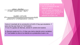 r=
6𝑥88 −(27𝑥19)
6𝑥127 − 729 [ 6𝑥63 − 361 ]
=0,633
Si el resultado nos da:
• O La correlación en esa
población será 0
• ≠ 0 Si existe correlación, y
hay que estudiarla mediante la
T de Student para ver si la
relación es al azar o no
Como el resultado de la correlación es 0,633≠ 0 hay que estudiarlo. Y
para eso hay que hacer la T de Student.
 Con N-2 grados de libertad, siendo N: numero de muestra
 Pearson puede ser 0 o ≠ 0 (hay una cierta relación entre variables)
 T de Student te dice si la relación se a producido al azar o no.
 