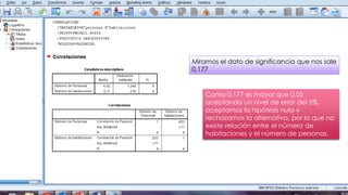 Miramos el dato de significancia que nos sale
0,177
Como 0,177 es mayor que 0,05
aceptando un nivel de error del 5%,
aceptamos la hipótesis nula y
rechazamos la alternativa, por lo que no
existe relación entre el número de
habitaciones y el número de personas.
 
