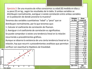 Ejercicio 2: De una muestra de niños conocemos su edad (X) medida en días y
su peso (Y) en kg., según los resultados de la tabla. Si ambas variables se
distribuyen normalmente, averiguar si existe correlación entre ambas variables
en la población de donde proviene la muestra?
Tenemos dos variables cuantitativas “edad” y “peso” que se
distribuyen normalmente, por lo que tenemos que:
1. Calcular el coeficiente de correlación de Pearson.
2. Averiguar si el coeficiente de correlación es significativo.
Se puede comprobar si existe una tendencia lineal en la relación
recurriendo a procedimientos gráficos.
Aunque se observa la existencia de una cierta tendencia lineal en la
relación, hay que recurrir a procedimientos analíticos que permitan
verificar con exactitud la Hipótesis de linealidad.
 