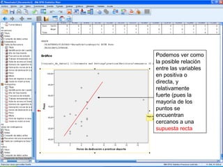 Podemos ver como
la posible relación
entre las variables
en positiva o
directa, y
relativamente
fuerte (pues la
mayoría de los
puntos se
encuentran
cercanos a una
supuesta recta
 