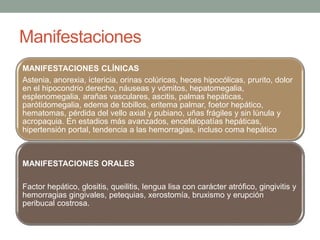 Manifestaciones
MANIFESTACIONES CLÍNICAS
Astenia, anorexia, ictericia, orinas colúricas, heces hipocólicas, prurito, dolor
en el hipocondrio derecho, náuseas y vómitos, hepatomegalia,
esplenomegalia, arañas vasculares, ascitis, palmas hepáticas,
parótidomegalia, edema de tobillos, eritema palmar, foetor hepático,
hematomas, pérdida del vello axial y pubiano, uñas frágiles y sin lúnula y
acropaquia. En estadios más avanzados, encefalopatías hepáticas,
hipertensión portal, tendencia a las hemorragias, incluso coma hepático
MANIFESTACIONES ORALES
Factor hepático, glositis, queilitis, lengua lisa con carácter atrófico, gingivitis y
hemorragias gingivales, petequias, xerostomía, bruxismo y erupción
peribucal costrosa.
 