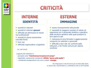 scarsità di volontari scarsità di volontari  giovani difficoltà ad ottimizzare le risorse non professionali scarsità di risorse economiche (raccolta fondi) burn out difficoltà organizzative e logistiche  (es. sedi sociali) IDENTITÀ L’apporto del volontario è : percepito come  “interferenza/invasione di campo” sopportato, scarsamente considerato ( effetto “pacca sulla spalla” ) considerato protagonista di una vera e propria  sinergia IMMAGINE scarso riconoscimento istituzionale necessità di maggiore scambio di notizie ed esperienze con il personale direttivo e operativo delle strutture sanitarie nelle quali prestano la loro opera le odv mancanza di corsi formativi e aggiornamento congiunto tra volontari e personale difficoltà a fare rete nei confronti delle istituzioni, a far fronte comune per istanze condivise Più integrazione e rete dei servizi per la tutela della salute. IL RUOLO DEL VOLONTARIO E IL RAPPORTO CON LE ISTITUZIONI 