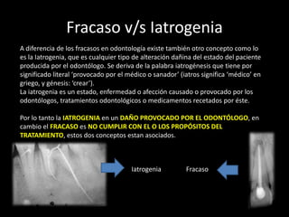 Fracaso v/s Iatrogenia
A diferencia de los fracasos en odontología existe también otro concepto como lo
es la Iatrogenia, que es cualquier tipo de alteración dañina del estado del paciente
producida por el odontólogo. Se deriva de la palabra iatrogénesis que tiene por
significado literal ‘provocado por el médico o sanador’ (iatros significa ‘médico’ en
griego, y génesis: ‘crear’).
La iatrogenia es un estado, enfermedad o afección causado o provocado por los
odontólogos, tratamientos odontológicos o medicamentos recetados por éste.
Por lo tanto la IATROGENIA en un DAÑO PROVOCADO POR EL ODONTÓLOGO, en
cambio el FRACASO es NO CUMPLIR CON EL O LOS PROPÓSITOS DEL
TRATAMIENTO, estos dos conceptos estan asociados.
Iatrogenia Fracaso
 