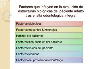 Factores que influyen en la evolución de
estructuras biológicas del paciente adulto
tras el alta odontológica integral
Factores biológicos
Factores mecánico-funcionales
Hábitos del paciente
Factores sico-sociales del paciente
Factores físicos del paciente
Factores técnicos
Factores del profesional odontólogo
 