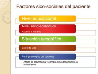 Factores sico-sociales del paciente
Nivel educacional
Nivel socio-económico
Acceso a la salud
Situación geográfica
Estilo de vida
• Afecta la adherencia y compromiso del paciente al
tratamiento
Perfil psicológico del paciente
 
