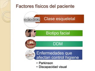 Factores físicos del paciente
Clase esqueletal
Biotipo facial
DDM
Enfermedades que
afectan control higiene
• Parkinson
• Discapacidad visual
 