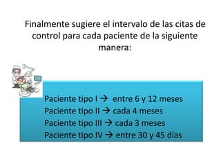 Finalmente sugiere el intervalo de las citas de
control para cada paciente de la siguiente
manera:
Paciente tipo I  entre 6 y 12 meses
Paciente tipo II  cada 4 meses
Paciente tipo III  cada 3 meses
Paciente tipo IV  entre 30 y 45 días
 