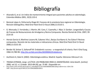Bibliografía
• Alvarado G, et al. Un índice de mantenimiento integral para pacientes adultos en odontología.
Colombia Médica 2001, 32(3):133-6
• Boronat López A, Peñarrocha Diago M. Fracasos de la anestesia loco-regional en Odontología.
Revisión bibliográfica. Med Oral Patol Oral Cir Bucal 2006;11:E510-3.
• G. Moncada, E. Fernández, J. Martin, MJ. Caro, C. Caamaño, I. Mjor, V. Gordan. Longevidad y Causas
de Fracaso de Restauraciones de Amalgama y Resina Compuesta. Revista Dental de Chile. 2007; 99
(3) 8-16
• Hervás García A, Martínez Lozano M, Cabanes Vila J, Barjau Escribano A, Fos Galve P. Resinas
compuestas. Revisión de los materiales e indicaciones clínicas. Med Oral Patol Oral Cir Bucal
2006;11:E215-20.
• Bender IB, Seitzer S, Soltanoff W: Endodontic success - a reappralsal of criteria. Part II Oral Surg;
1966 22;780-90. http://es.scribd.com/doc/60390042/Endodoncia
• Aschheim K, Dale B. (2002). Odontología estética. Madrid. España: Ediciones HArcourt S.A.
• TRIANA ESTRADA, Jorge. LA ÉTICA: UN PROBLEMA PARA EL ODONTÓLOGO. Acta bioeth. [online].
2006, vol.12, n.1 [citado 2013-08-20], pp. 75-80 . Disponible en:
• http://www.scielo.cl/scielo.php?script=sci_arttext&pid=S1726-569X2006000100011&lng=es&nrm=iso>. ISSN 1726-
569X. http://dx.doi.org/10.4067/S1726-569X2006000100011.
 