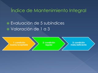  Evaluación de 5 subíndices 
 Valoración de 1 a 3 
1: condición 
buena/aceptable 
2: condición 
regular 
3: condición 
m...