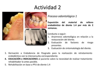 Actividad 2
Fracaso odontológico 1
Exposición del material de relleno
endodóntico de diente 1.4 por más de 2
semanas.
Conducta a seguir:
1. Anamnesis odontológica en relación a la
restauración del diente.
2. Evaluación de factores de riesgo
presentes.
3. Evaluación de sintomatología del diente.
3. Derivación a Endodoncia de Posgrado para la realización de retratamiento
endodóntico con la interconsulta correspondiente.
4. EDUCACIÓN e INDICACIONES al paciente sobre la necesidad de realizar tratamiento
rehabilitador lo antes posible.
5. Rehabilitación en base a PFU de diente 1.4
 
