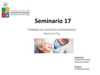 Seminario 17
“FORMAS DE EJERCICIO PROFESIONAL”
Items d-e-f-g
Integrantes:
Daniela Palma Salas.
Felipe Pizarro Díaz.
Profesor:
Dr. Rolando Schulz.
 