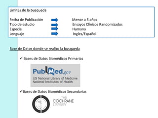 Limites de la busqueda

Fecha de Publicación                 Menor a 5 años
Tipo de estudio                      Ensayos Clínicos Randomizados
Especie                              Humana
Lenguaje                             Ingles/Español


Base de Datos donde se realizo la busqueda

      Bases de Datos Biomédicos Primarias




     Bases de Datos Biomédicos Secundarias
 