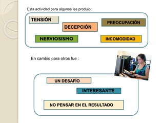 Esta actividad para algunos les produjo: 
TENSIÓN 
DECEPCIÓN 
En cambio para otros fue : 
UN DESAFÍO 
PREOCUPACIÓN 
INCOMODIDAD 
INTERESANTE 
NO PENSAR EN EL RESULTADO 
 
