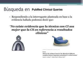 Búsqueda en
  • Respondiendo a la interrogante planteada en base a la
    evidencia hallada podemos decir que:

  “No existe evidencia que la técnica con CI sea
   mejor que la CS en referencia a resultados
                    clínicos”
 