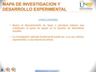 MAPA DE INVESTIGACION Y
DESARROLLO EXPERIMENTAL
CONCLUSIONES
• Busca el descubrimiento de leyes o principios básicos que
constituyen el punto de apoyo en la solución de alternativas
sociales.
• La investigación aplicada fundamental puede ser, a su vez, teórica,
experimental, o una mezcla de ambas.

 