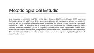 Una búsqueda en MEDLINE, EMBASE y en las bases de datos CENTRAL identificaron 2.944 resúmenes
(publicados antes del 9/30/2011), de los cuales se analizaron 485 publicaciones clínicas en detalle. Un
total de 146 artículos incluye información sobre la retención del sellante, con un tiempo de observación
mínimo de 2 años. Se analizaron estas publicaciones para determinar las tasas de retención de los
distintos materiales estudiados (luz UV, la luz y la auto-polimerización de los selladontes a base de resina,
materiales de fluoruro de liberación, compómeros, composites fluidos y a cemento de vidrio ionómero) .
El meta-análisis se utilizó un modelo de efectos aleatorios para la regresión logística longitudinal y la
estadística bayesiana.
Metodología del Estudio
 