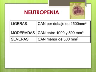 NEUTROPENIA
LIGERAS CAN por debajo de 1500mm3
MODERADAS CAN entre 1000 y 500 mm3
SEVERAS CAN menor de 500 mm3
 