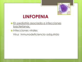 LINFOPENIA
 En pediatría asociada a infecciones
bacterianas.
 Infecciones virales
Virus inmunodeficiencia adquirida
 