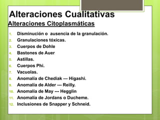 Alteraciones Cualitativas
1. Disminución o ausencia de la granulación.
2. Granulaciones tóxicas.
3. Cuerpos de Dohle
4. Bastones de Auer
5. Astillas.
6. Cuerpos Phi.
7. Vacuolas.
8. Anomalía de Chediak — Higashi.
9. Anomalía de Alder --- Reilly.
10. Anomalía de May --- Hegglin
11. Anomalía de Jordans o Ducheme.
12. Inclusiones de Snapper y Schneid.
Alteraciones Citoplasmáticas
 
