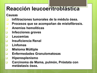 Reacción leucoeritroblástica
Causas
 Infiltraciones tumorales de la médula ósea.
 Procesos que se acompañan de mielofibrosis.
 Anemias hemolíticas
 Infecciones graves
 Leucemias
 Insuficiencia Renal
 Linfomas
 Mieloma Múltiple
 Enfermedades Granulomatosas
 Hiperesplenismo
 Carcinoma de Mama, pulmón, Próstata con
metástasis ósea.
 